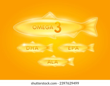 Fish oil extracted from nature. Omega 3 DHA, EPA and ALA. Vitamins collagen essential to the health for the body. For dietary nutritional supplement. On orange background. Vector.