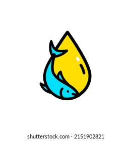 Fish oil flat icon. Vitamin omega 3 colored template. Drops and fish color silhouette. Simple style logo isolated on white background. Treatment nutrition skin care vector design.