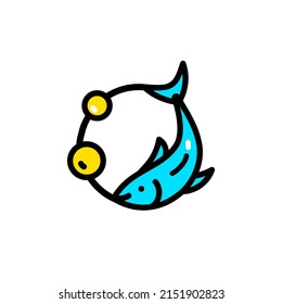 Fish oil flat icon. Vitamin omega 3 colored template. Drops and fish color silhouette. Simple style logo isolated on white background. Treatment nutrition skin care vector design.