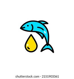 Fish Oil Icon. Drops And Fish Logo. Flat Style Cod Liver Oil Sign. Fat Oil Drop With Fish. Treatment Nutrition, Health Care And Vector Design.