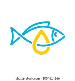 Fish Oil Icon. Line Style Cod Liver Oil Sign. Fat Oil Drop With Fish Silhouette Color Logo.