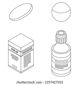 Iconos de aceite de pescado. Conjunto isométrico de íconos vectores de aceite de pescado esquematizan la línea delgada aislada en blanco