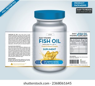 Etiqueta de aceite de pescado, suplemento Omega, Suplemento de aceite, Etiqueta de vitamina, Etiqueta del vector del frasco, Frasco del comprimido, Barra de medicamentos, Etiqueta de vitamina, diseño del envase, embalaje del producto, aceite dietético