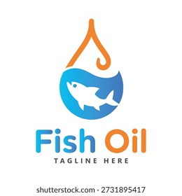 Fish oil logo template with a fish in a blue circle and orange drop icon
