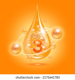 Aceite de pescado omega 3 gota ácidos grasos EPA, DHA. Sustancia de color naranja brillante bolas de complejo vitamínico con burbujas. Para productos nutricionales anuncios de salud alimentaria. Conceptos científicos médicos. Ilustración vectorial 3D.