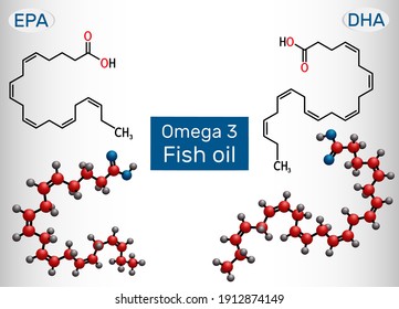 Fish Oil, Omega 3. Eicosapentaenoic Acid (EPA), Docosahexaenoic Acid (DHA) Molecule. Polyunsaturated Fatty Acids. Vector Illustration