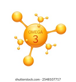 Ácidos graxos ômega 3 do óleo de peixe na forma molecular laranja sobre fundo branco. Para produtos nutricionais anúncios de saúde alimentar. Conceitos científicos médicos. Ilustração do vetor 3D.