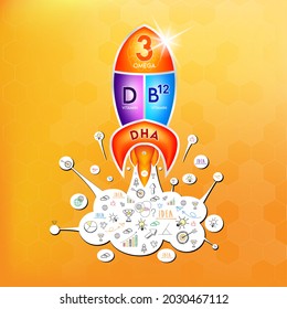 Fish oil omega 3 nutrients DHA and vitamin D, B12. Design logo products for kids food and Hand drawn infographic poster in spaceship shape. Benefits of food improving heart, eyes, bones health. Vector