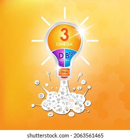 Fish oil omega 3 nutrients DHA and vitamin D, B12. Design logo products for kids food and Hand drawn infographic poster in light bulb spaceship shape. Benefits of food improving body healthy. Vector.