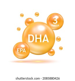 Fish oil omega 3 Nutrients DHA and EPA Shining orange. Benefits of pills improving mental, heart. Supplemental eyes, bones health and lower cholesterol level. 3D Vector EPS10.