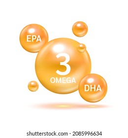 Fish oil omega 3 Nutrients DHA and EPA Shining orange. Benefits of pills improving mental, heart. Supplemental eyes, bones health and lower cholesterol level. 3D Vector EPS10.