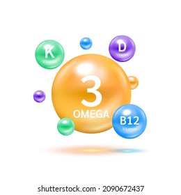 Fish oil omega 3 orange and Vitamin B12, D, K colorful balls. Benefits of pills improving mental, heart, eyes, bones health and lower cholesterol level. Healthy food supplement. 3D Vector EPS10.