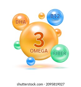 Fish oil omega 3 orange, Fiber and Vitamin B12 colorful balls. Benefits of pills improving mental, heart, eyes, bones health and lower cholesterol level. Healthy food supplement. 3D Vector EPS10.