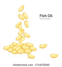 Fish oil omega 3. Transparent capsules with nutrition supplement. Fallen pills yellow color. Vector illustration isolated on white