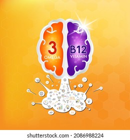 Fish Oil Omega 3 And Vitamin B12. Design Logo Products For Kids Food And Hand Drawn Infographic Poster In Brain Shape. Benefits Of Food Improving Heart, Eyes, Bones Health. Vector