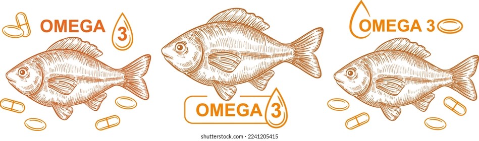 Fish oil Omega 3 vitamin pills capsule, seafood, medical polyunsaturated fatty acid tablet, diet sea food supplement outline icon set. Fat meat. Natural nutrition for health, beauty. Hand drawn vector