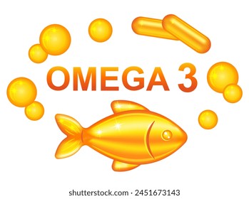 Fischöl Omega 3 Vitamin Pillen Kapsel, mehrfach ungesättigte Fettsäure medizinische Apotheke Gel Tablette für die Gesundheit. Fisch und Meeresfrüchte, Nahrungsergänzungsmittel. Fett von Meerestieren. Hautpflege-Schönheitspaket-Zeichen. Vektorgrafik