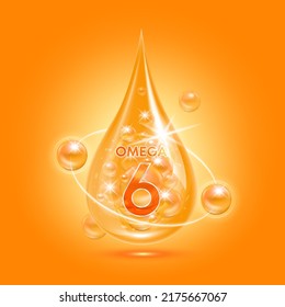 Fish oil omega 6 drop fatty acids. Orange shining substance vitamin complex balls with bubbles. For nutrition products food health ads. Medical scientific concepts. 3D Vector illustration.