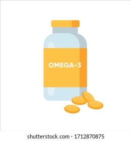 Aceite de pescado Omega-3 en cápsulas en frasco de vidrio. Dieta sana. Iluminación vectorial plana.