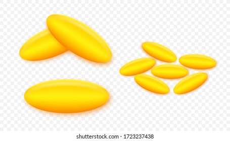 Fish oil pill. Realistic icon on gold backdrop. Icon for healthcare design. Vector stock illustration.
