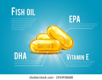 Las píldoras de aceite de pescado contienen infografías vectoriales con ácidos grasos omega-3 de DHA y EPA y vitamina E suplementan las cápsulas de gel amarillo con plantilla de texto y chispas. Medicina, atención de la salud, diseño farmacéutico