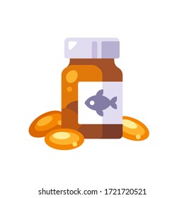 Fish oil pills in a glass bottle. Omega 3 vitamin capsules flat illustration.