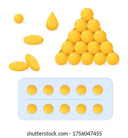 Fish Oil softgels, capsules, pills, tablets, blister.Gold shiny fatty acis drop.Pharmacy, medcine, health, vitamin, nutrition concept.Stock vector illustration isolated on white in flat cartoon style.