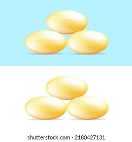Fish oil supplement capsule set isolated on white background. Omega 3 oil pills. Golden vitamin pilule and tablets stack. Vector yellow capsule