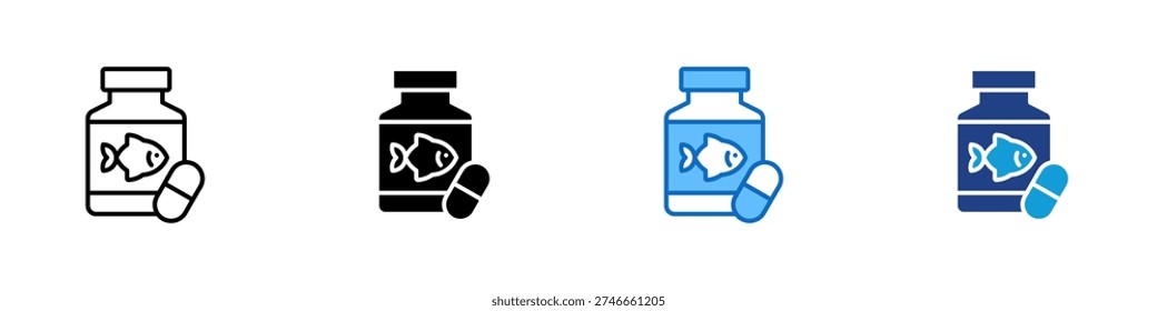 Fish Oil Supplement Multiple Style Icon Design Vector - Supplement bottle with fish and capsule representing omega oil intake, dietary support, and heart health