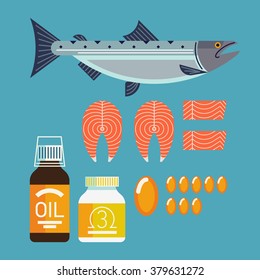 Artículos vectores de aceite de pescado. Nutrición Omega 3 de ácido graso pez salmón fuente natural. Ilustración de diseño liso y llano sobre mariscos sanos, aceite de pescado en botellas y píldoras de softgel