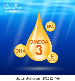 Fish oil vitamin E, omega 3 Nutrients DHA and EPA in capsule shape supplemental shining orange on ocean background. Benefits of pills mental, heart, eyes, bones health. 3D Vector.