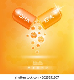 Fish oil vitamin and omega 3 DHA EPA golden orange in capsule supplemental, benefits of pills improving mental, heart, eyes, bones health, lower cholesterol. Medicine Concepts. 3D Realistic Vector.