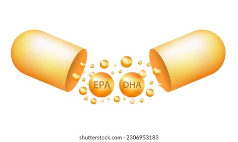 Fish oil vitamin and omega 3 DHA EPA golden capsule supplemental, benefits of pills improving mental, heart, eyes, bones health, lower cholesterol. Medicine Concepts. 3D Realistic. Vector illustration