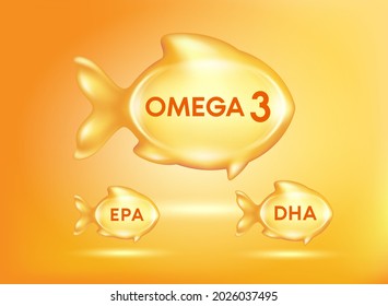 Fish oil vitamins and omega 3 Nutrients DHA and EPA in Fish shape supplemental shining orange. Benefits of pills improving mental, heart, eyes, bones health, lower cholesterol level. 3D Vector EPS10.