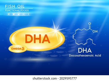 Fish Oil Vitamins, Omega 3 DHA And Structure Shining Orange. Plants Oil On Ocean Background. Benefits Of Pills Mental, Heart, Eyes, Bones Health. Healthy Food Supplements. 3D Vector EPS10.