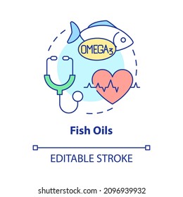 Fisch-Öle-Konzept-Symbol. Fettsäuren und Vitamine für gesunden Lebensstil abstrakte Idee dünne Linie Illustration. Einzeln Umrisszeichnung. Bearbeitbarer Strich. Verwendung von Roboter-Medium, Myriad Pro-Fett-Schriftarten