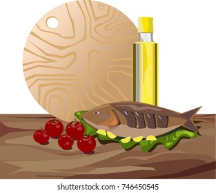 Fish, olive oil and tomatoes on the table.