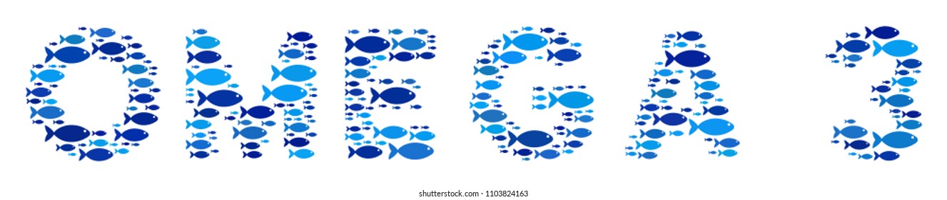 Fish Omega 3 text composition in blue color tones. Vector fish icons are combined into Omega 3 text composition. Organic abstract design.