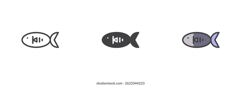 Fish with omega label icon set in line, solid and filled outline style