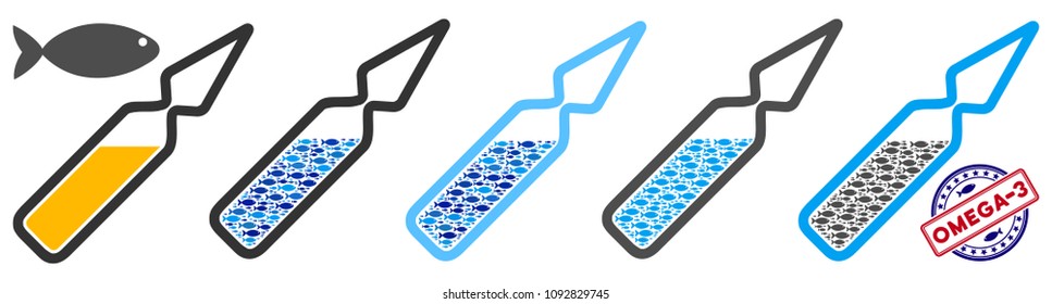 Fish omega-3 ampoule vector illustration set with collage elements filled by fish icons in blue and gray colors. Flat eco style with mosaic items.