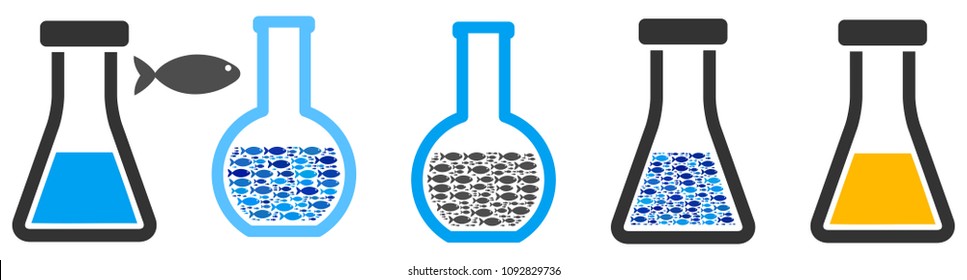 Fish omega-3 analysis flask vector illustration set with collage elements filled by fish icons in blue and gray colors. Flat eco style with mosaic items.