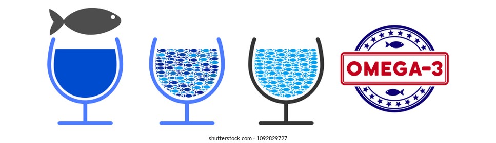 Fish omega-3 glass cup vector illustration set with collage elements filled by fish icons in blue and gray colors. Flat eco style with mosaic items.
