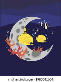 Fish on abstract moon with coals and bubbles imaginary vector design EPS10