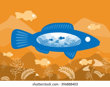 Fish on the background of the sea floor with an abstract representation of the world. Vector illustration