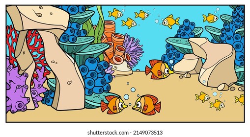 A lot of fish on the background of the seabed with stones, corals, anemones, starfish and algae color variation for coloring page on a white background 
