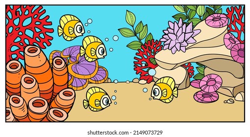 A lot of fish on the background of the seabed with stones, corals, sponges and algaecolor variation for coloring page on a white background 