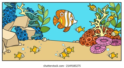 A lot of fish on the background of the seabed with stones, corals, sponges, anemones and algae color variation for coloring page on a white background