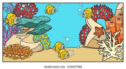 Fish on the background of the seabed with stones, corals, anemones, starfish and algae color variation for coloring page on a white background