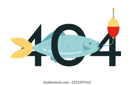 Error de 404 flash de pez sobre el cebo. Hobby de pesca. Actividad. Diseño de estado vacío. Página no encontrada imagen emergente de caricatura. Concepto de ilustración plana vectorial sobre fondo blanco