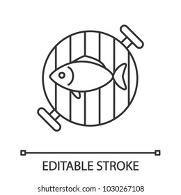 Fish on barbecue grill linear icon. Thin line illustration. Contour symbol. Vector isolated drawing. Editable stroke